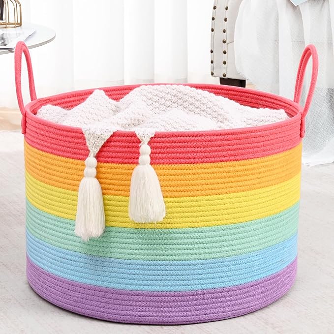 67L Rainbow Storage Basket for Organizing, 20"×13" Large Laundry Baskets, Cotton Rope Woven Blanket Basket, Toy Storage for Kids, Collapsible Blankets Storage for Living Room, Nursery Room