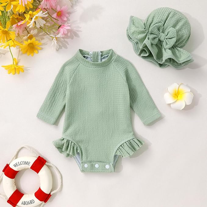 YOUNGER TREE Infant Baby Girls Swimsuit Long Sleeve Swimsuits One Piece Swimsuit Solid Color Bathing Suit with Hat, UPF 50+