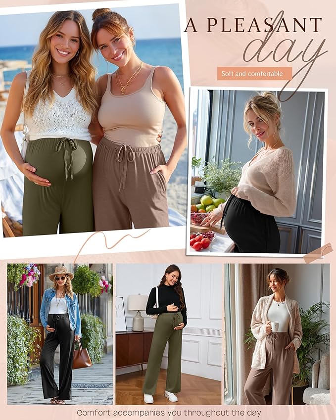 3 Pack Maternity Pants for Women Over The Belly Lounge Work Pregnancy Pants Drawing Wide Leg Trousers with Pockets