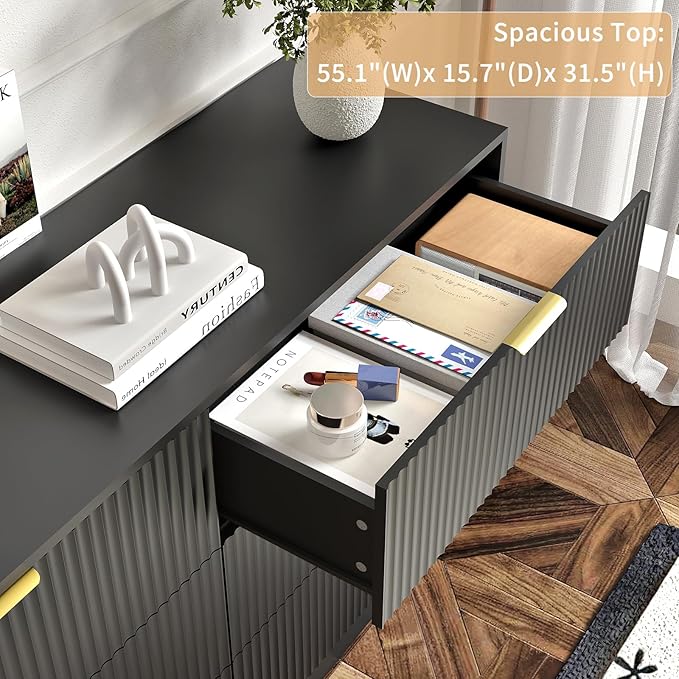 6 Drawers Fluted Dresser for Bedroom, 55" Wide Wooden Dresser with Deep Drawers, Large Floor Chest of Drawers, Modern Long TV Stand, Storage Cabinet Side Table, Black
