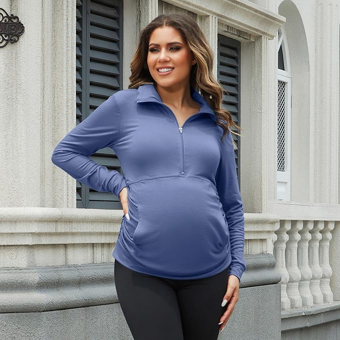 GINKANA Maternity Women's Long Sleeve Shirt Half Zipper Lapel Lightweight Casual Maternity Pullover with Pockets