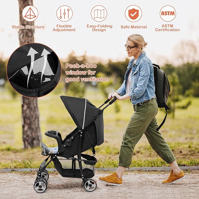 HONEY JOY Travel Stroller, Quick Fold Lightweight Baby Umbrella Stroller for Airplane, Adjustable Canopy & Backrest, Storage Basket, Removable Meal Tray, Compact Stroller Newborn and Toddler(Black)