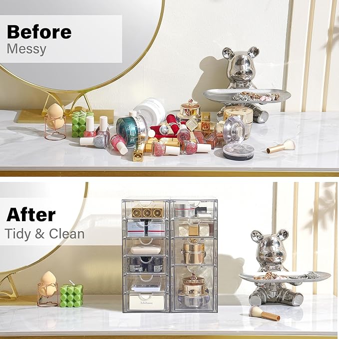 Prsildan Acrylic Drawer Makeup Organizer with 10 Drawers, Set of 2 Office Desk Organizers Accessories, Clear Stackable Storage Drawers for Vanity, Countertop, Craft, Jewelry, Art Supply Organization