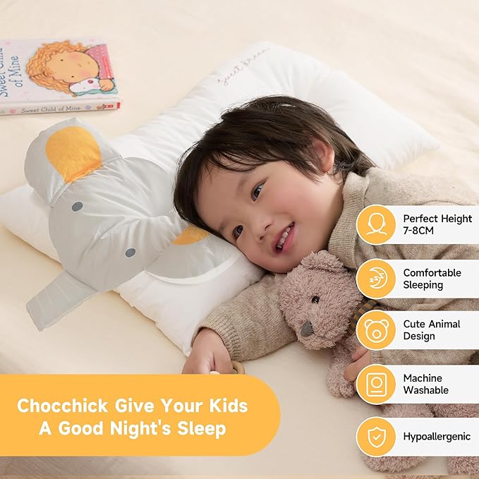 Choc chick Toddler Pillow,20X12Inches Machine Washable Soft Hypoallergenic Kids Pillows,Child Cute Animal Design Perfect Toddler Pillows for Sleeping (Elephant)