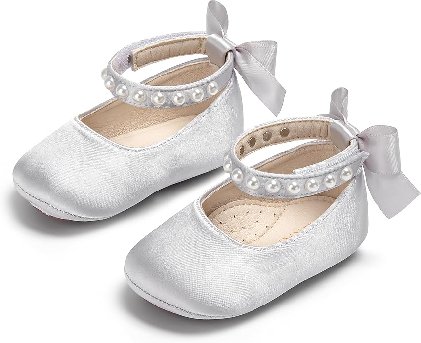 Baby Girls Mary Jane Flats - Infant Newborn Walking Shoes Soft Rubber Sole Princess Wedding