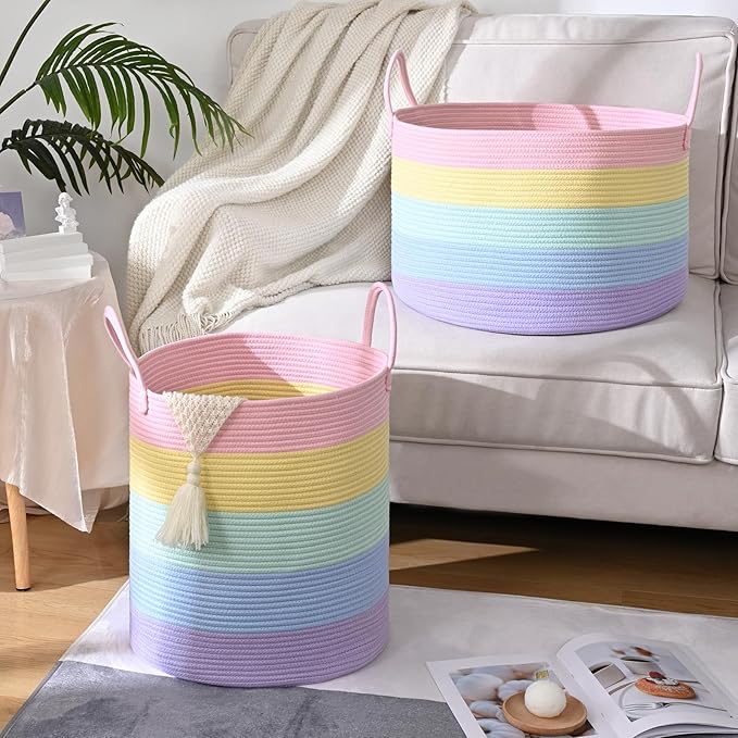 67L Rainbow Storage Basket for Organizing, 20"×13" Large Laundry Baskets, Cotton Rope Woven Blanket Basket, Toy Storage for Kids, Collapsible Blankets Storage for Living Room, Nursery Room