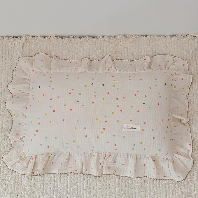 AOJIM Kids Toddler Pillowcase 1 Piece Super Soft Muslin Cotton Bedding Pillowcase with Colorful Beans Pattern, Ruffle Edges Nursery Pillowcase Durable Kids Pillow Cover, Machine Washable 26x20 Inches