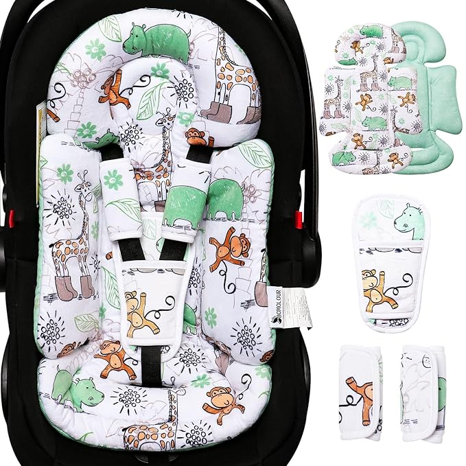 Infant Car Seat Insert, Enlarged Head Support for Baby Carseat, Reversible Newborn Insert with 3 Strap Covers, 2-in-1 Baby Car Seat Cushion for Stroller, Swing, Bouncer, Rocker - Blue Giraffe