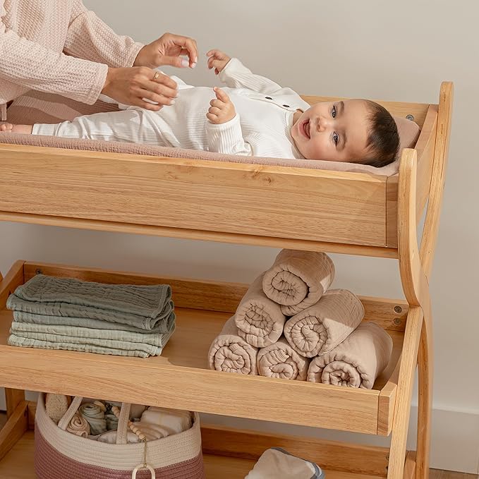 Comfy Cubs Baby Changing Table - Sturdy Wood Construction, Timeless Look Baby Change Table with Two Open Shelves for Infant Daycare Essentials Storage - Natural Wood