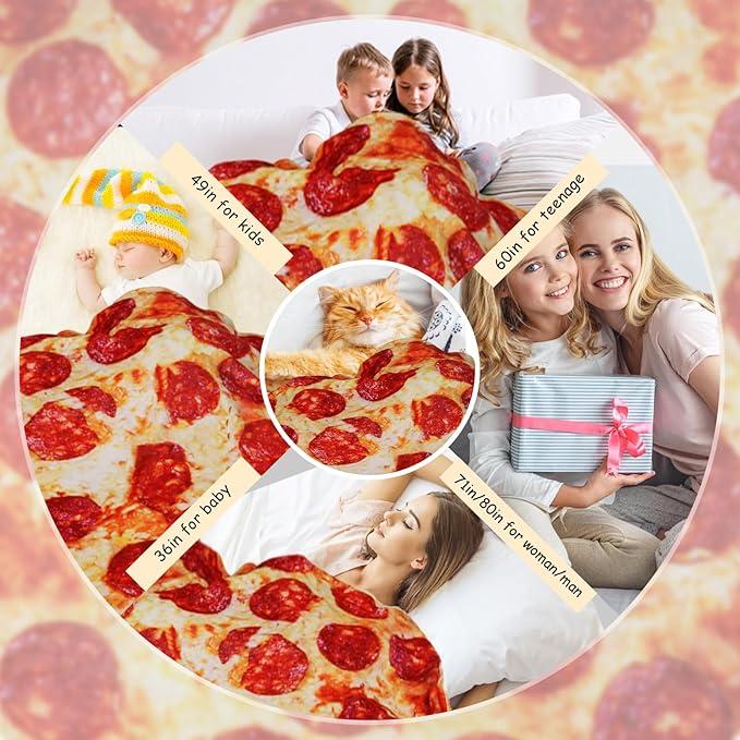 Lhedon Pizza Blanket for Teen Kids, 60 Inch Throw Blanket, Round Pepperoni Pizza Food Blanket, Funny Gifts for Boy Girl, Soft Flannel Blanket for Bed Office Travel