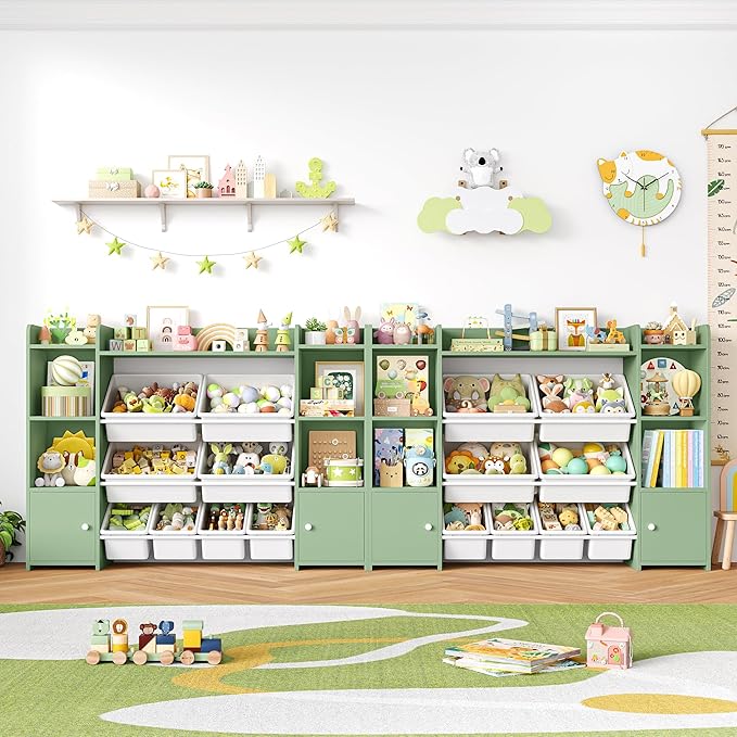 FOTOSOK 55''Large Toy Storage Organizer with 8 Toy Bins, Toy Organizers and Storage with Shelf and 6 Storage Cubbies, Bookshelf for Kids, Playroom Organization and Storage Bins, Green