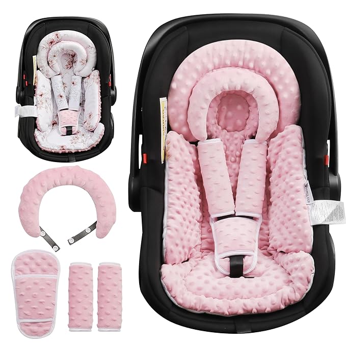 Infant Car Seat Insert with Removable Cushion for Baby Preemie Newborn Infant, Reversible carseat Insert Head Body Support Fits for Stroller, Baby Swing, Rocker, Bouncer, Bassinet - Pink