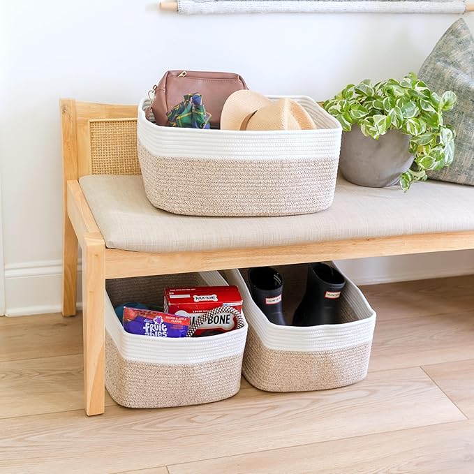 NaturalCozy Storage Baskets 16.8”x13”x7.6” Cotton Rope Woven Baskets for Organizing 3-Pack | Toy Storage Bins | Basket for Shelves, Laundry, Blanket, Clothes, Closet, Kitchen, Bathroom, Gifts