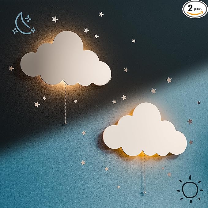 Tip perk 2 Pack Cloud Light - Floating Cloud Wall Lamp for Nursery | Cute Floating Lamp for Kids Bedroom | Battery-Operated Hanging Night Lights for Bedroom/Baby Nursery