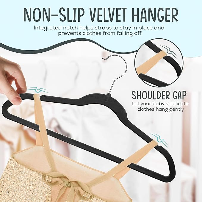 25 Premium Kids Velvet Hangers - 14" Non-Slip Clothes Hangers for Kids & Preteens - Ultra Slim, Space-Saving, Strong & Durable Hangers with 360° Swivel Hook - Black