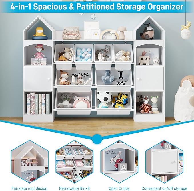 Vabches 55" Castle Shape Children's Toy Storage Organizer,Multifunctional Bookshelf with 8 Plastics Bins, Children's Bookcase with 6 Shelves and 2 cabinets for Playroom,Kid's Room,Living Room.