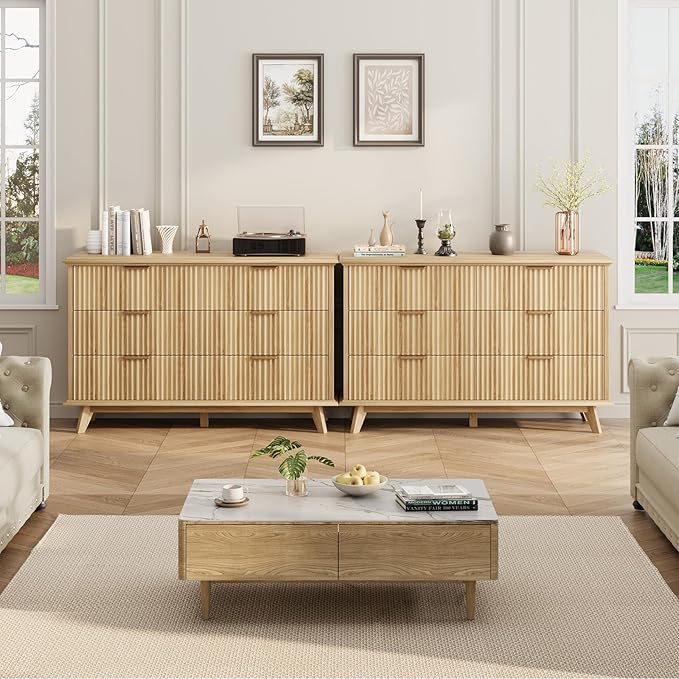 QUW Fluted Dresser for Bedroom with 6 Drawers, 47.2" Wide Modern Chest of Drawers with Metal Handle, Wooden Dresser TV Stand and Closet Clothes Storage Organizer for Living Room, Hallway, Natural Oak