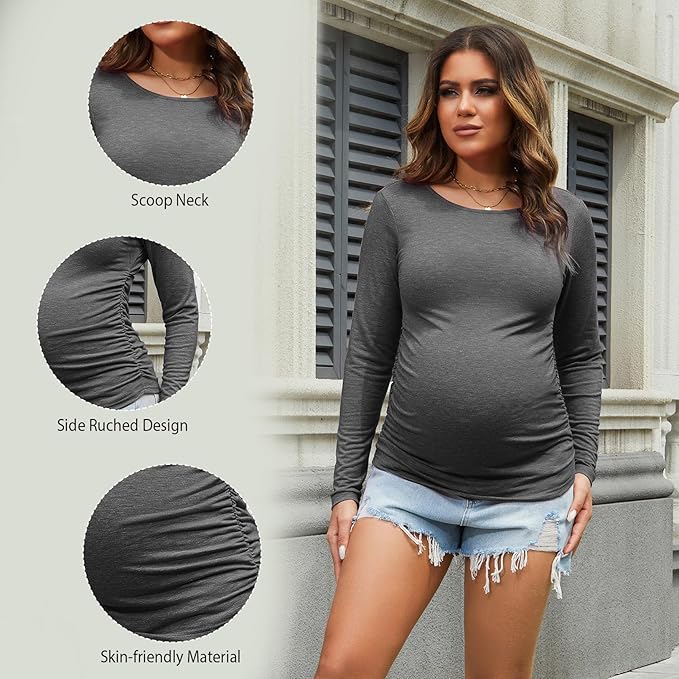Bhome Women's Maternity Shirts 3 Packs Long Sleeve Pregnancy Tops Basic Side Ruched Tunic Blouse