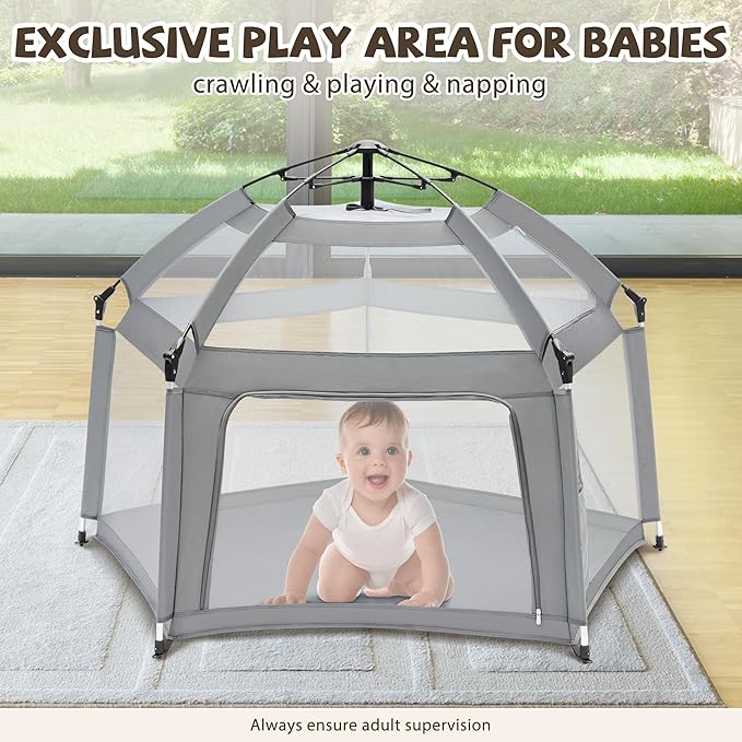 Portable Baby Playpen with Inflatable Mattress & Sunshade,Outdoor Baby Playpen for Babies and Toddlers,Foldable Pop Up Play Tent for Home, Park, Beach and Camping,Beach playpen-Light Gray