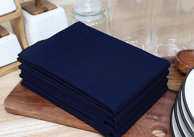 PurpleEssences Waffle Weave Kitchen Towel, 100% Cotton - 15 x 25 Inches, with Hanging Loop Ultra Soft Absorbent Quick Drying Dish Cloth, Tea and Hand Towels, 4 Pack Fall Thanksgiving - Navy Blue