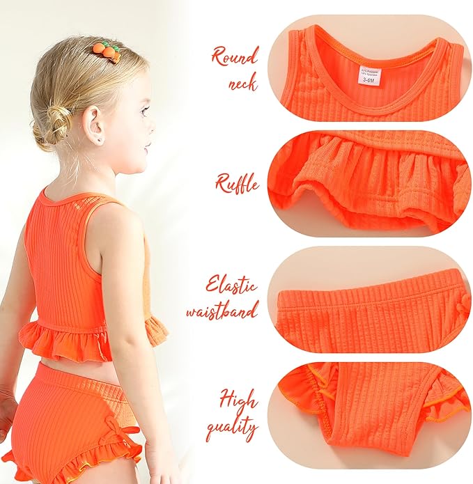HAPPYMA Baby Swimsuit Toddler Girl Bathing Suit Summer Solid Color Bikini Set Beach Two Piece Swim Wear