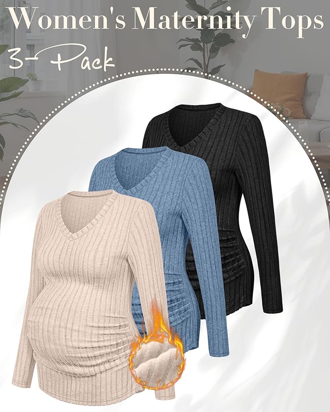 Ficerd 3 Pack Women's Maternity Shirts Ribbed Long Sleeve Pregnancy Tops V Neck Knit Side Ruched Pregnant Clothes Sweater