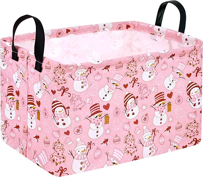 Rectangle Basket, Kids Organizer, Pink Snowman Pattern Toy Storage Cube, Clothes Storage Box With Handles for Room Decor