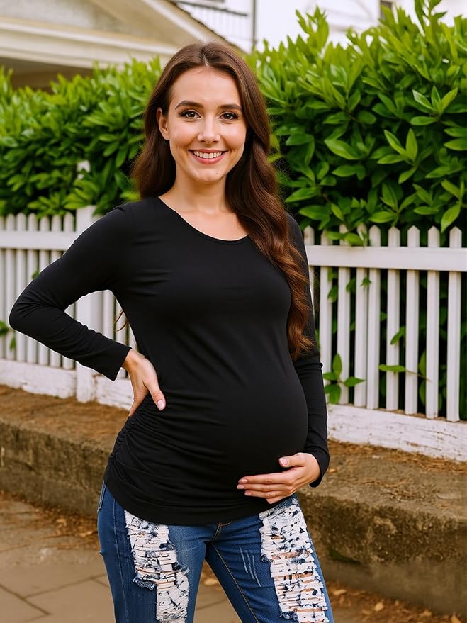 Maternity Shirts Long Sleeve Pregnancy Top for Women with Crew Neck Casual Tee Shirts