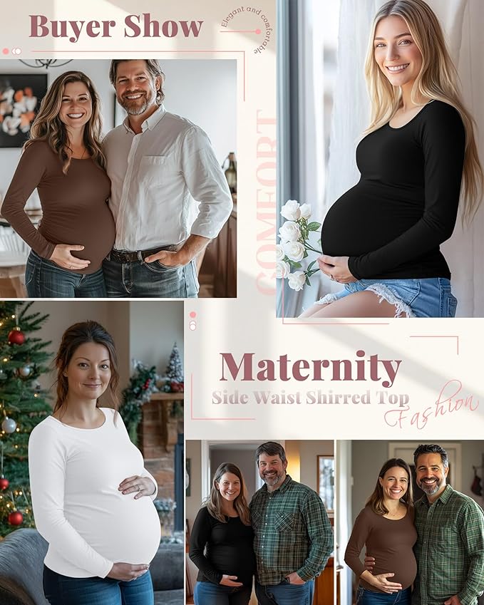 Ficerd 3 Pack Women's Maternity Shirts, Long Sleeve Side Ruched Pregnancy Tee Tops Crew Neck Casual Mama Clothes Basic Tunic
