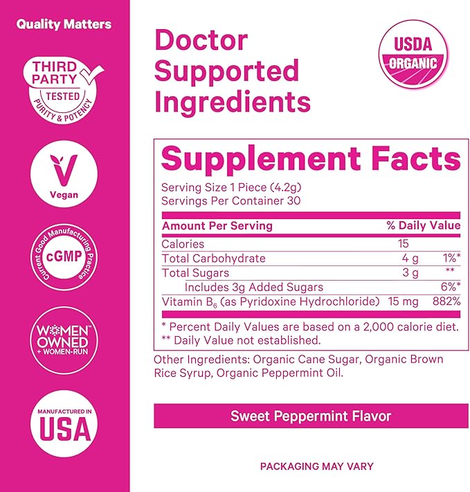 Pink Stork Organic Peppermint Sweets for Morning Sickness and Motion Sickness Support, Added Vitamin B6, 1st Trimester Pregnancy Must Haves - 30 Wrapped Peppermint Candies