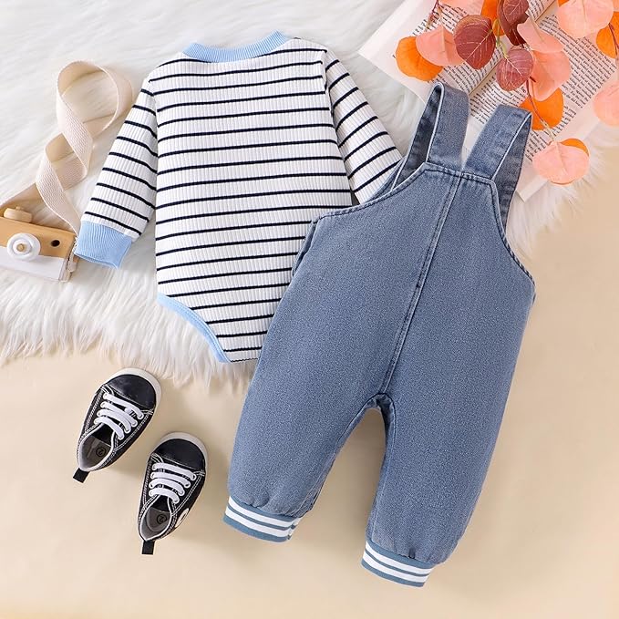 Baby Boy Clothes Fall Winter Outfits Long Sleeve Striped Romper Cute Cartoon Jeans Overalls Pants Set 0-18 Months