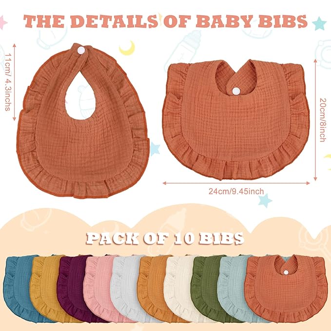 Seematn 10 Pcs Baby Muslin Bibs Drool Bibs Bandana Ruffle Soft Cotton for Newborn Baby Infants Girl Teething Toddlers Boy(Classic Colors)