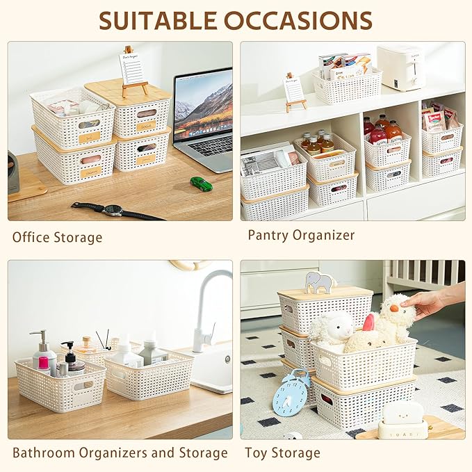 8 Pack Plastic Storage Bins with Bamboo Lids - Stackable Storage Baskets with Handle for Pantry Organizer and Storage, Plastic Containers Bins for Kitchen Bathroom Classroom Office Shelves