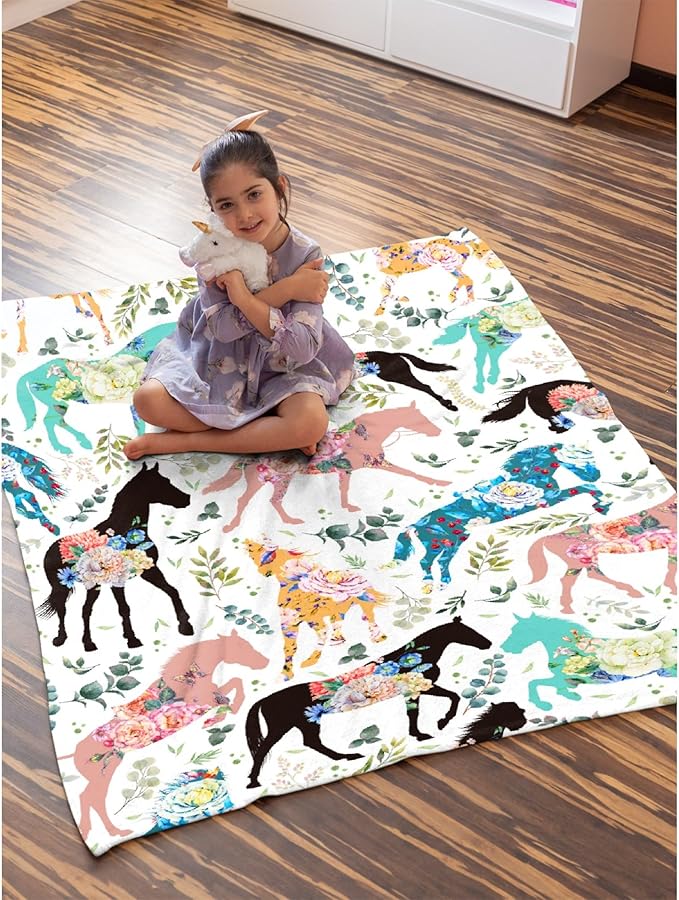 Colorful Floral Horse Blanket for Teen Flowers Animals Throw Blanket Gifts for Girls Boys Soft Throws Blankets All Seasons 50×60 Inches for Bed Office