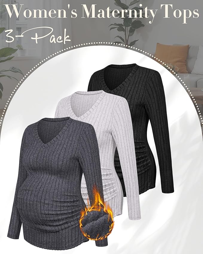 Ficerd 3 Pack Women's Maternity Shirts Ribbed Long Sleeve Pregnancy Tops V Neck Knit Side Ruched Pregnant Clothes Sweater