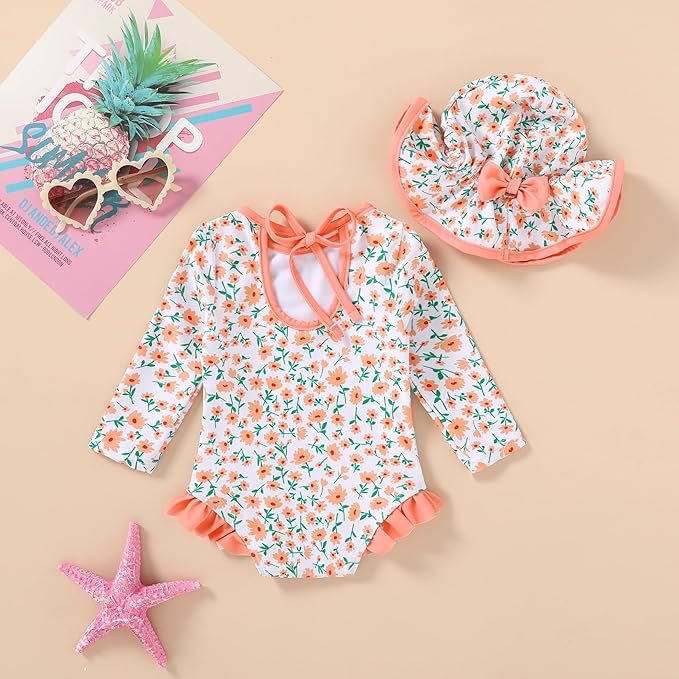 YOUNGER TREE Infant Baby Girls Swimsuit Long Sleeve Swimsuits One Piece Swimsuit Solid Color Bathing Suit with Hat, UPF 50+