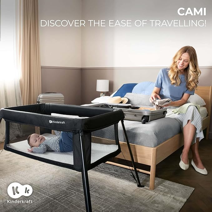 Kinderkraft CAMI 3-in-1 Baby Bed, Travel Bed for Baby, from Birth to 3 Years, Baby cot, Travel cot, Easy to Fold Compactly, Travel Bag Included, Two Levels, Black