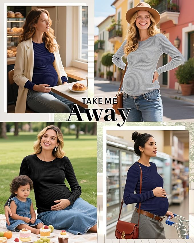 Riyiper 3 Pack Women's Maternity Shirts Long Sleeve Ribbed Knit Pregnancy Tees Cotton Crewneck Tunic Clothes Casual Fall Tops
