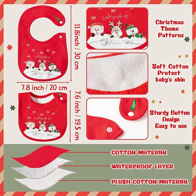 3Pcs Christmas Baby Cotton Bibs with Resin Button Newborn Infant Bibs Christmas Keepsake Baby Gift for Drooling Feeding