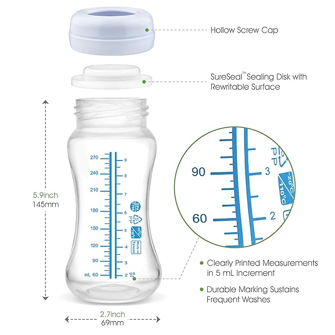 Maymom Wide Neck Breastmilk Collection and Storage Bottle 9oz; Remarkable SureSeal Disc. Compatible with Spectra S2, Spectra S1 Spectra 9+ and Avent Breast Pumps