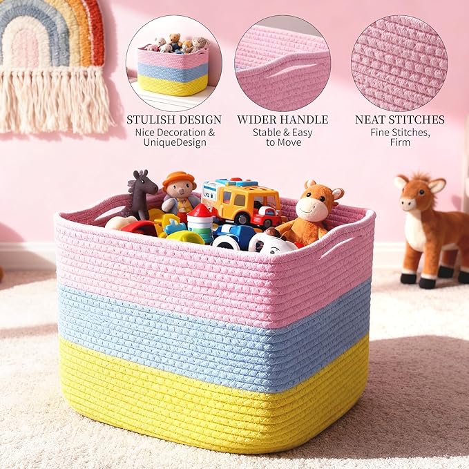 Hopegiver 3 Pack Storage Baskets for Organizing with Handle, Woven Baskets for Shelves - Durable Gift Basket for Cloth Toys Books Baby, Cotton Rope Basket for Dog Cat, 15x11x10 Inch(Pink&Blue&Yellow)