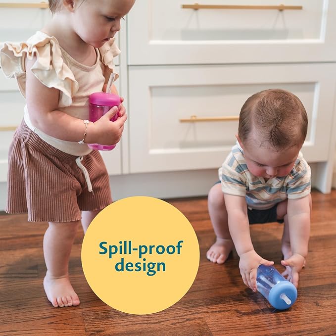 The First Years Squeeze & Sip Toddler Straw Cups - Squeezable Transition Sippy Cup with Silicone Straw - Toddler Feeding Supplies - Yellow/Pink/Orange - 7 Oz - 3 Count - Ages 6 Months and Up