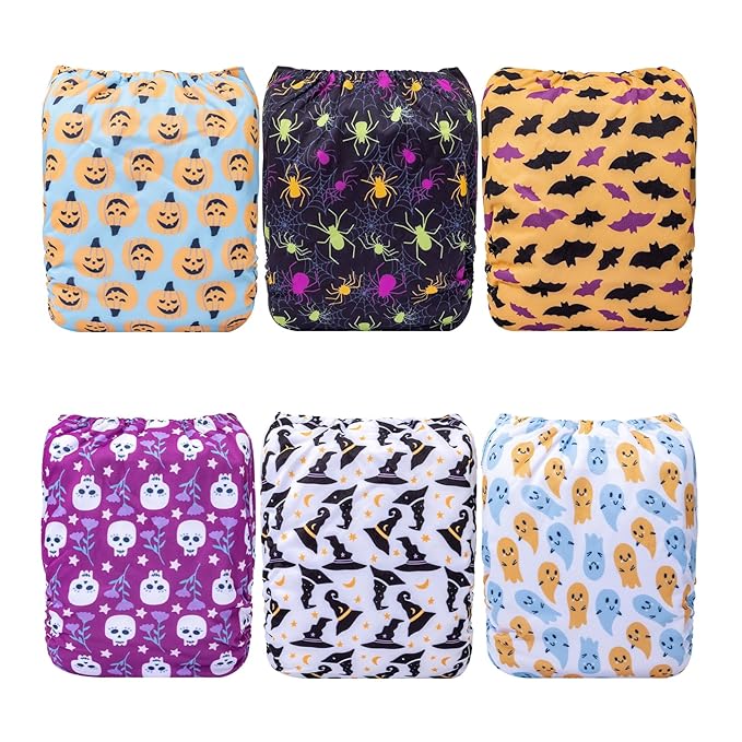 Babygoal Halloween Cloth Diapers 6 Pack with 10 Inserts, Baby Reusable Adjustable Washable One Size Pocket Nappy Covers 6FN35