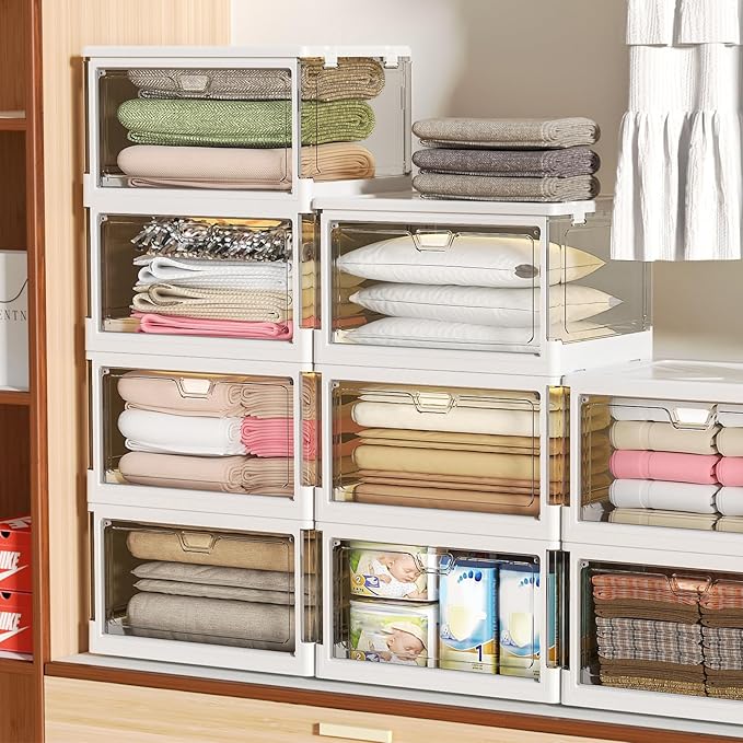 Clear Storage Bin with Lid 3 Pack 【Stackable & Sturdy】 Plastic Multifunctional Folding Storage Bins for Bedroom, Living Room, Study,Room, 23 QT Folding Box with Magnetic door