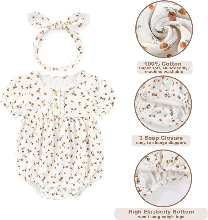 Newborn Baby Girl Clothes Cotton Bubble Romper Floral Short Sleeve Bodysuit 3 Pack