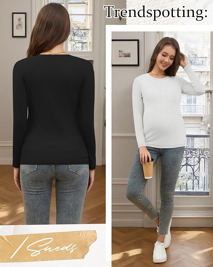 Riyiper 3 Pack Women's Maternity Shirts Long Sleeve Ribbed Knit Pregnancy Tees Cotton Crewneck Tunic Clothes Casual Fall Tops