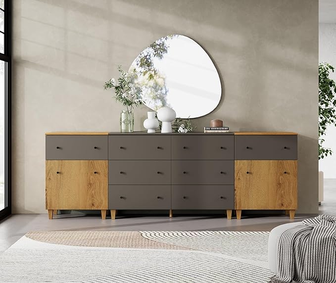 WMAPAT 8 Drawers Dresser Chests for Bedroom, 3-in-1 Modern Wood Closet Storage Organizer Furniture with Doors and Adjustable Shelves for Kids Room, Nursery, Dark Gray&Oak Brown, 94.4" Wide