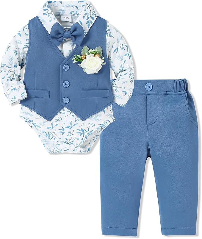 SANMIO Baby Boy Clothes Suits Infant Gentleman Outfit Collared Dress Shirt+Vest+Tie+Corsage+Pants 5Pcs Baby Suit Sets