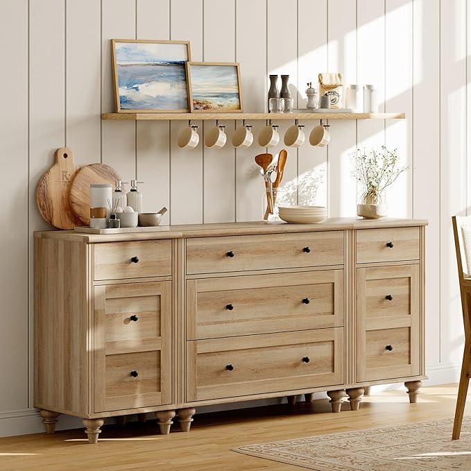 WAMPAT Dresser with Wide Chest of Drawers for Bedroom, End Table with Charging Station for Living Room, Mid Century Modern Kids Dressers for Nursery with 5 Drawers and 2 Storage Cabinet, Oak