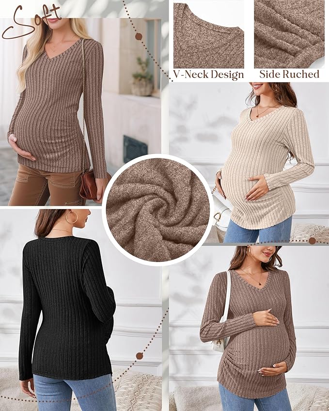 Ficerd 3 Pack Women's Maternity Shirts Ribbed Long Sleeve Pregnancy Tops V Neck Knit Side Ruched Pregnant Clothes Sweater